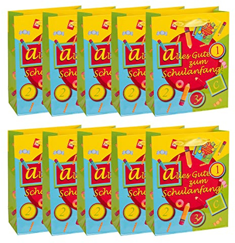 Idena Geschenktüten Schulanfang, 10 Stück | Papiertüten mit ABC-Motiv, Geschenktaschen zur Einschulung, 90054