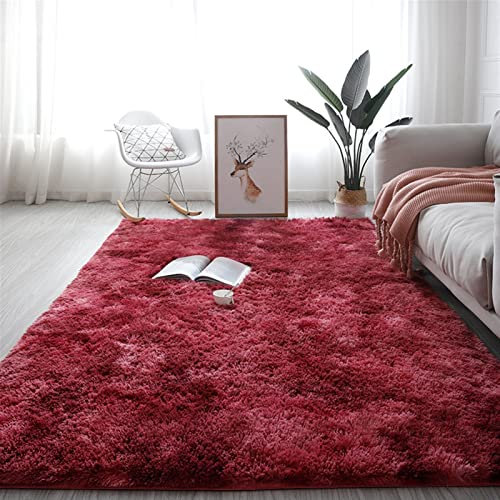 Lifup Rechteck Langflor Teppich Flauschig, Teppich Shaggy Anti Rutsch Pflegeleicht für Wohnzimmer Schlafzimmer Kinderzimmer Batik Weinrot 200 x 300 cm