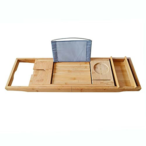 Badewannentablett ausziehbar, Badewannenbrett Badewannenauflage Wannenaufsatz mit Weinregal und Schallwand für Tablet Kindle iPad Smartphone