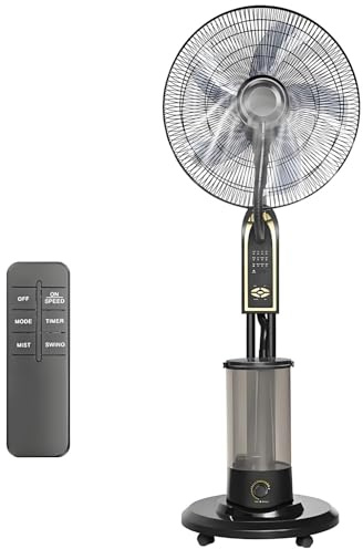 POCDUUA Ventilatore Nebulizzatore Portatile Esterno, Ventilatore Piantana con Serbatoio Dell'Acqua 4 Litri, Raffrescatore A Torre Oscillante Ad Alta Velocità con Telecomando per Patio Campeggio,Black