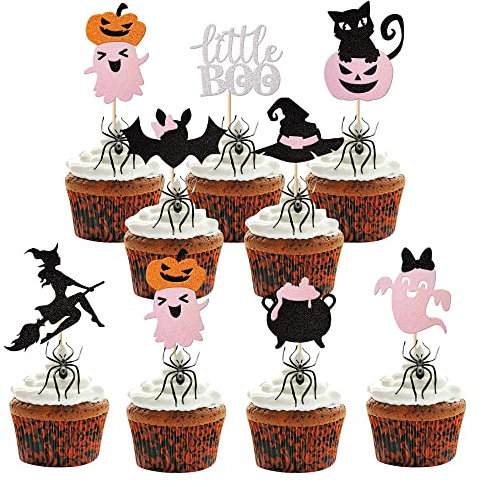 24 Stück Halloween Cupcake Toppers Glitter Rosa Geist Little Boo Bat Witch Cat Kürbis Cupcake für Happy Halloween Thema Baby Dusche Geburtstag Party Kuchen Dekorationen Zubehör Rosa…