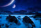 wandmotiv24 Fototapete Landschaft der Küste in der Nacht, XXL 400 x 280 cm - 8 Teile, Wanddeko, Wandbild, Wandtapete, See, Nachthimmel, Mond M0696