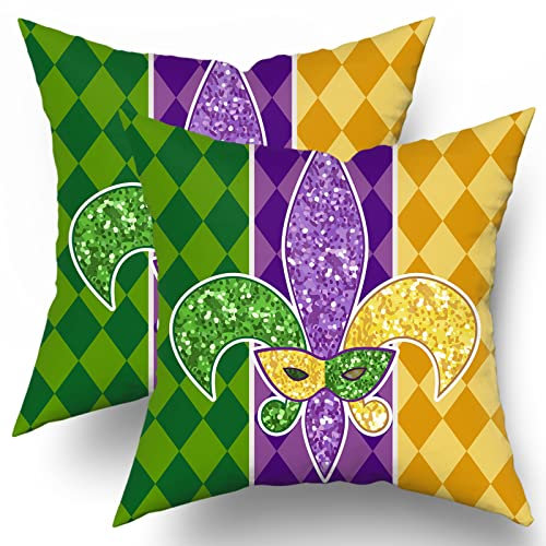 Karnevals-Kissenbezüge, 45,7 x 45,7 cm, Maskenmaske, Lilien-Motiv, Couch-Kissenbezüge, Gelb, Lila, Grün, Überwurfkissen, 2 Stück, Happy Mardi Gras, Urlaub, Party, Dekoration für Sofa, Couch