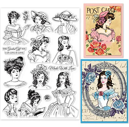 GLOBLELAND Vintage Portrait Clear Stamps Lady Rose Silikon Transparenter Stempel Transparente Stempel für Karten, Die DIY Scrapbooking Fotoalbum Dekoration Machen
