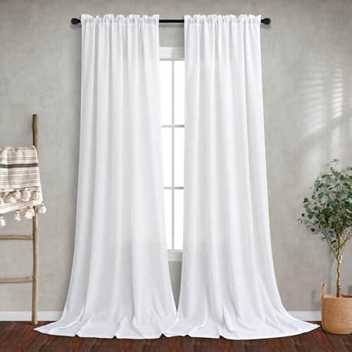 White Long Curtains 120 Length for Bedroom 2 Panels Pair Set Rod Pocket Draperies Light Filtering Semi Sheer Linen Curtains for Living Room Dining Sitting Family Patio Door Boho Farmhouse Decor 10 FT