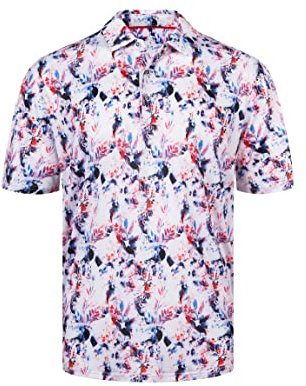 Mens Polo Shirts for Men Adult Short Sleeve Printed Work Casual Golf T-Shirt Breathable Quick Dry Button Down Top Moisture Wicking Tennis Sports Polo Shirt White Leaves L