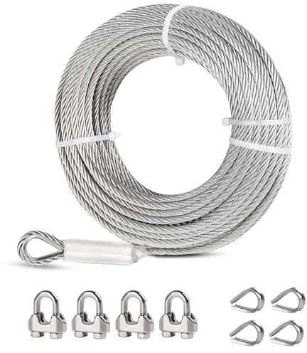 hannger Cavo Acciaio 6mm, Cavo in Acciaio Inox, 7,6 m, 7x19 Fune Metallica, Corda in Acciaio con Occhielli per Zipline,Tiranti, Trazione, Giardinaggio