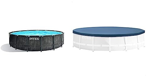 Intex Premium Frame Pool Set Prism Greywood Ø 457 x 122 cm, Dunkelgraue Holzoptik & Runde Poolabdeckplane Ø 366 cm - Für Metal und Prism Frame, Dunkelblau