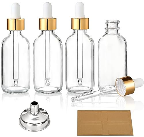 AOZITA 4 Pcs, 1 oz Golden Cap Clear Dropper Bottles (30ml) with 1 Funnel & 4 Labels - Glass Tincture Bottles with Eye Droppers - Leakproof Essential Oil Bottles for Health, Personal Care & Beauty