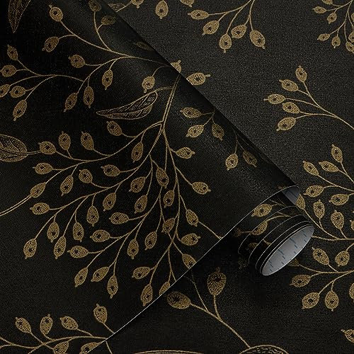 CiCiwind Selbstklebende Tapete Schwarz Gold Wallpaper Blatt 44×300cm Wandverkleidung Selbstklebend Abnehmbar Vinyl Möbelfolie Selbstklebend für Wohnzimmer Schlafzimmer Wand Schränke Dekor