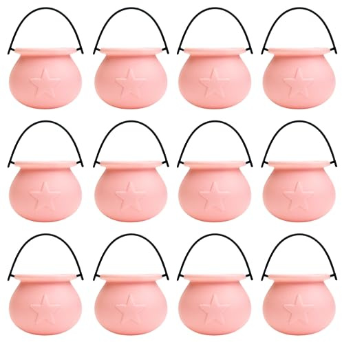 Halloween Candy Buckets - Skull, Cauldron, Pumpkin, Frankenstein (Pink Cauldron, 12 Pieces)