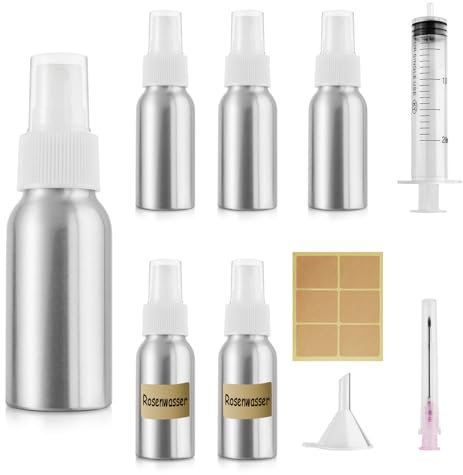 Furuising 5 Piezas Bote Spray Pulverizador de Aluminio, 30ML Niebla Fina Spray Bottle, Reutilizables Botellas de Spray de Vacío con 20ml Jeringa, Embudo para Agua, Cosméticos, Viajes, Limpieza