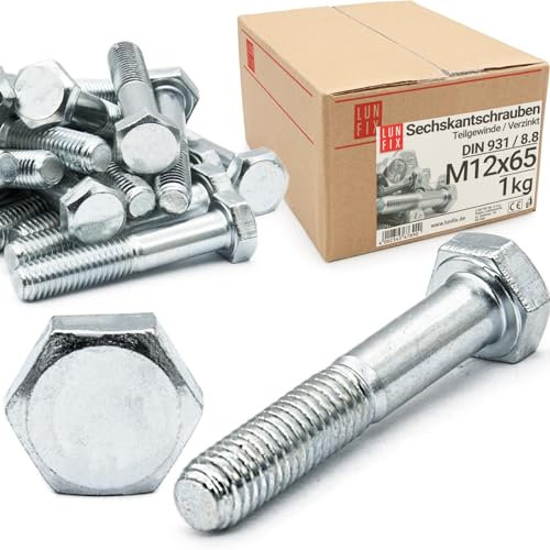 Viti a testa esagonale M12 x 65 DIN 931, 1 kg (circa 14 pezzi) filettatura parziale, classe 8.8, viti filettate in acciaio zincato con testa esagonale, viti per macchina a 6 bordi con gambo, bullone