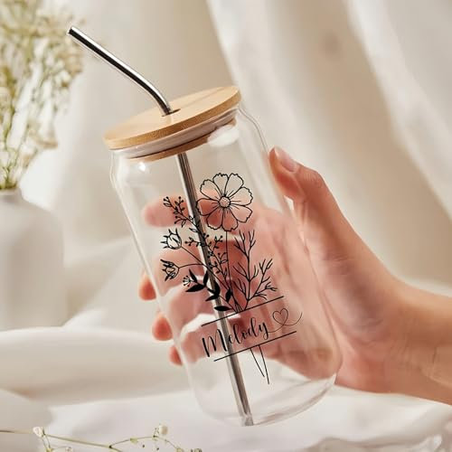 Drawelry Personalisiert Name Wassergläser mit Geburt Blume Gedruckt Gläser Bambus Deckel und Stroh 500ml Long Drinkgläser Kaffee Milch Getränke Cocktail Bier Tee Glas Tasse für Familie Party Bar (C)