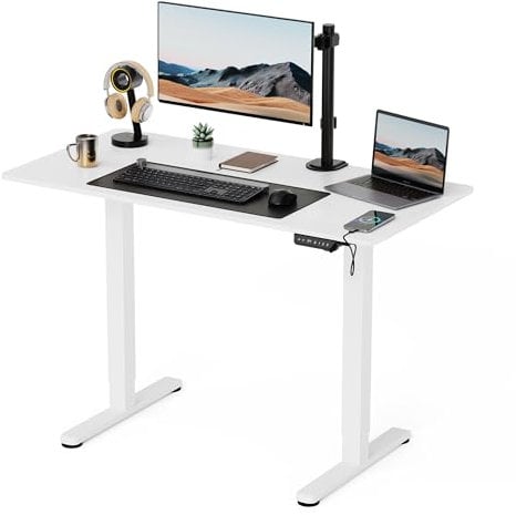 VonHaus Electric Standing Desk, Height Adjustable Sit Stand Desk w/Anti-Collision & Height Preset Technology, Cable Management & USB-C Charging, 120x60cm, Two Piece White Desktop & Frame