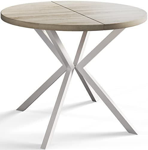 AlpiMeble Runder Esszimmertisch LOFT LITEN, ausziehbarer Tisch Durchmesser: 90 cm/170 cm, Wohnzimmertisch Farbe: Beige, mit Metallbeinen in Farbe Weiß