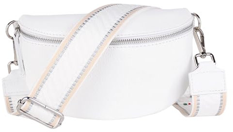 MIRROSI® Bauchtasche Damen, Echtleder, Made in Italy, Umhängetasche, Brusttasche, Crossbody Bag (1 Tasche & 2 Gurte) (Weiß (Streifen Weiß Silber), Große Tasche (28x18x9cm))