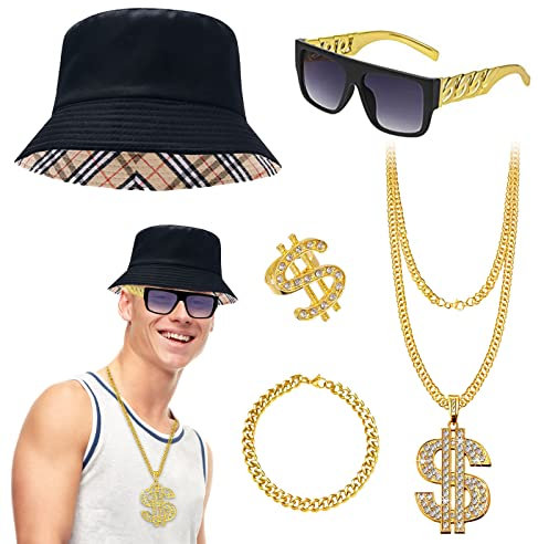 Hip-Hop-Kostüm-Set für Damen und Herren, dickes Rapper-Gangster-Zubehör-Set der 80er 90er Jahre, Kostüm-Outfits für Disco-Party