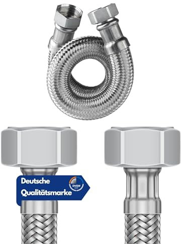 DVGW geprüfter Flexschlauch 3/8 und 1/2 inkl. Dichtungen | Anschlussschlauch Armatur | Armaturenschlauch Verlängerung | Panzerschlauch | (1/2 Zoll Überwurfmutter x 3/8 Zoll Überwurfmutter, 30 cm)