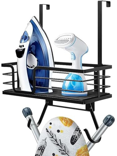 Ironing Board Holder Ironing Board Wall Mount with Large Storage Basket & Strong Hooks - Iron and Ironing Board Holder for Laundry Room - Holds Iron, Board, Spray Bottles