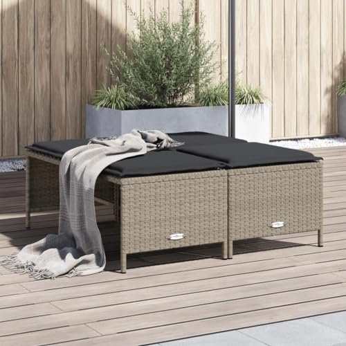 CIADAZ Gartenhocker mit Kissen 4 Stk. Hellgrau Poly Rattan, Balkon Hocker, Fusshocker Garten, Hocker Garten, Fußhocker Für Sessel, Gartenmöbel Hocker - 368367