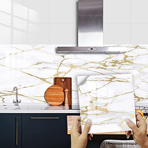 Tile Stickers 30x30cm White Gold Marble Self Adhesive Vinyl Stick on Tiles - Waterproof, Oil-Proof - Kitchen & Bathroom Decoration (10 Pcs)