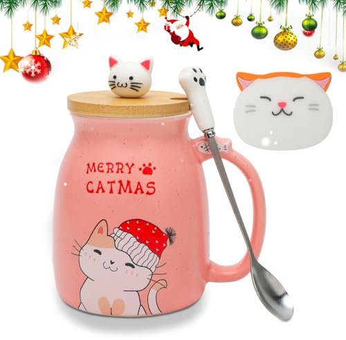 Yuragim Weihnachtstasse Katzen Tasse, Weihnachten Tasse Katze Süße Keramik Kaffeetasse mit deckel & Löffel,450ml Cup Tee Weihnachten mit Katzen Weihnachtsmotiv,Weihnachtsgeschenke für Frauen Mädchen