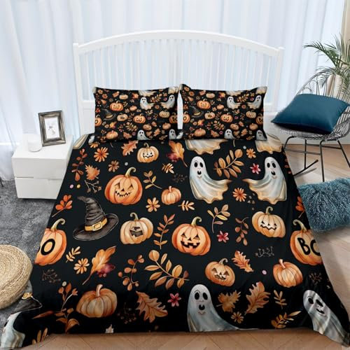 Halloween Aquarell Kürbis Thema Bettwäsche 3 teilig Microfaser Polychromatisch Bettwäsche Bettbezug Weich und bequem mit Reißverschluss 135 x 200 cm Bettwäsche Set und 2 Kissenbezug 80x80 cm