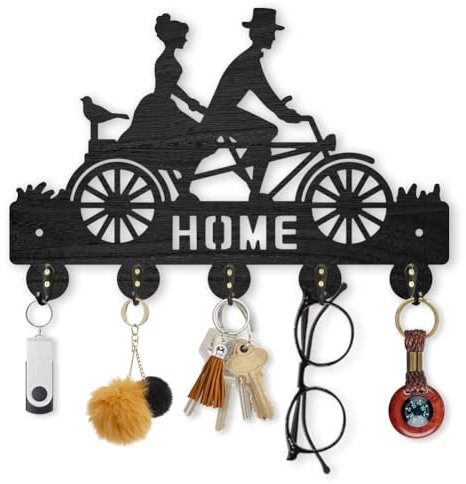 MAYJOYDIY Porte Clés de Vélo Vintage en Bois Mural pour Hommes et Femmes Crochet de Vélo 30 × 20cm HOME Porte Clés D'Art Noir avec 5 crochets en Alliage pour Entrée Chambre à Coucher Salon Décoration