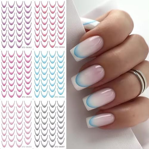 LunarCharm 6 fogli adesivi colorati per nail art francese con gradiente, decalcomanie per unghie french tip, accessori per manicure fai da te