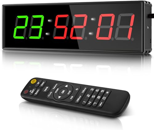 PELLOR Temporizador Gimnasio, Reloj Gimnasio con Control Remoto | 1.5 Temporizador Intervalos Fitness LED, Temporizador de Intervalos, Cronómetro/Cuenta Regresiva, Color y Brillo Ajustables