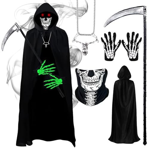 Halloween Grim Reaper Costume Set, 5Pcs Skeleton Robe Costumes Skeleton Glow Gloves Skull Mask Scythe Outfit Reaper Black Hooded Cloak Sickle Accessories Fancy Dress Cosplay for Men Women Adults Kids