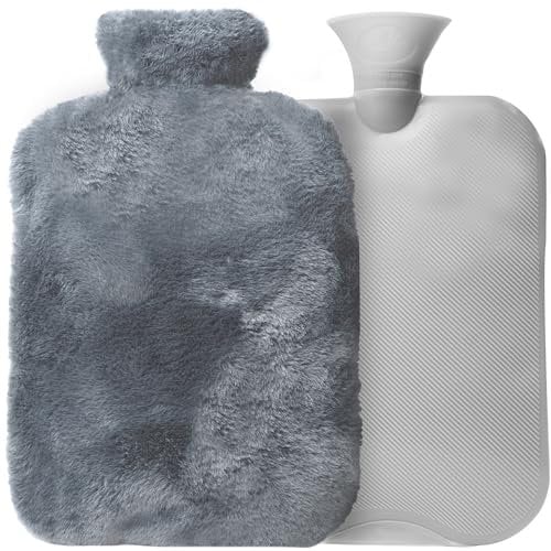Qomfor hot water bottle XXL with premium faux fur cover - grey