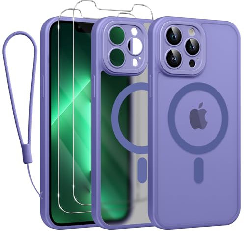 Phoona Cover Magnetica per iPhone 13 Pro Max 6,7 con Cordino e 2 Pellicole in Vetro Temperato, Compatibile con Magsafe, Custodia Traslucida Opaca Resistente Antiurto Sottile Protettiva Case, Lilla