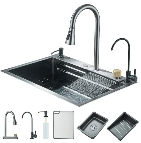 JUNSOTTOR Fregadero de cocina Cascada Multifuncional,Fregaderos de cocina de acero inoxidable,Fregadero de cocina Nano Raindance negro 1 bandeja con grifos extraíble dispensador de jabón (60 x 45 cm)