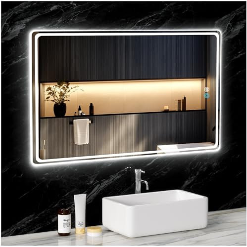 SDXYSTCE Badspiegel mit Beleuchtung 90x60cm，Badezimmerspiegel Wandspiegel LED mit Touchschalter,Dimmbar 3 Lichtfarben,IP55 Wasserdicht,Anti-Beschlag,Gehärtetes Glas,Horizontal/Vertikal