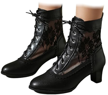 Women's Traditional Oktoberfest Shoes Bavarian German Dirndl Dance Shoe Short Boots Block Mid Heel Party Footwear with Semi-Transparent Lace Mesh