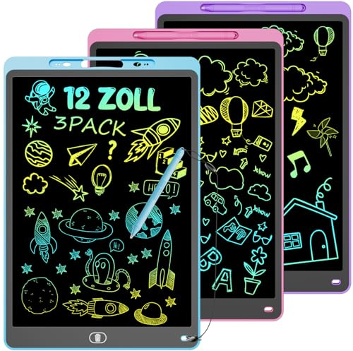 Electight LCD Schreibtafel 3 Stück, 12 Zoll Maltafel mit Abschließbar | Schreibtafel mit Stift, Löschen-Taste, Umweltschutz Augenpflege Zaubertafel, Lernspielzeug-Geschenk für 3-8 Jahre Kinder