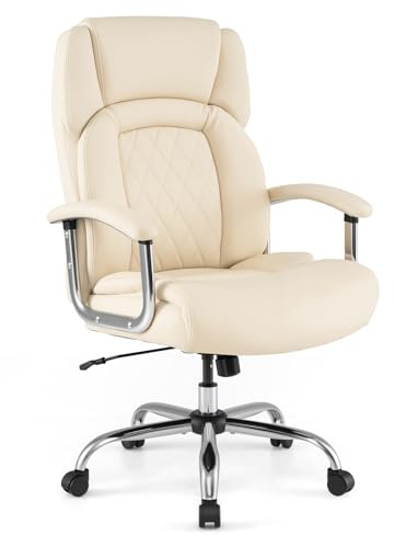 COSTWAY 300/330/400/500LBS Big & Tall Executive Office Chair, Height Adjustable Leather Computer Desk Chair with Rocking Backrest & Arms, Home Office Ergonomic Swivel Task Chair (500LBS, Beige)