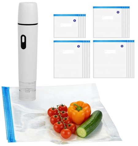 Vakuumiergerät Klein, Handvakuumierer mit 60 kPa Saugkraft, Kompaktes Folienschweißgerät für Lebensmittel mit 20 Wiederverwendbare Vakuumbeutel, für Küche, Reisen und zur Lebensmittelkonservierung