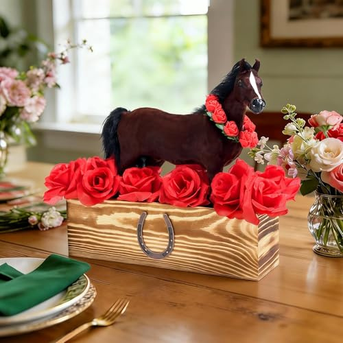 APUDWN Large Derby Day Decorations 13x12.8 Horse Racing Party Centerpiece Run for the Roses Decor, Wood Box with Iron Horseshoe Red Rose Garland Equestrian Figurine for Tabletop Mantle Shelf Decor