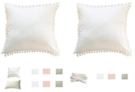 Kopfkissenbezug Kissenbezüge Kissenhülle mit Bommel Pompon Baumwolle Weiße 80 x 80 cm 2 Stück