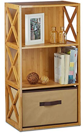 1 x Regal Bambus mit Korb, 3 Ablagen, Holz Standregal, Badregal, Faltbox, H x B x T: 80 x 42 x 29 cm, Natur braun
