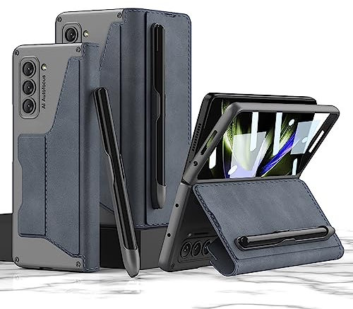 Compatible with Samsung Galaxy Z Fold 5-5G Smartphone Case[Blue]+3D Tempered Glass/Cover PU Leather Anti-Drop Ultra Slim Bumper Protective Mobile Case with Kickstand for Galaxy Z Fold 5(2023)