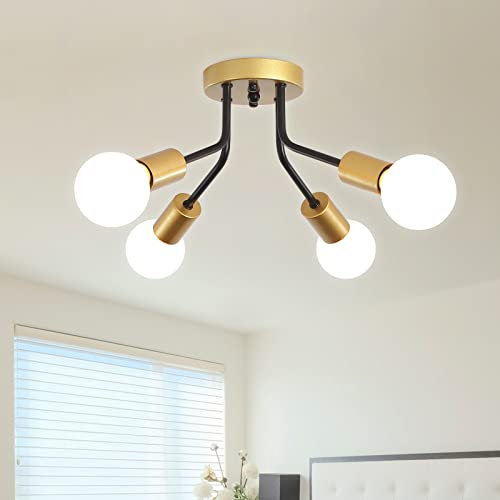 MRHYSWD Vintage Deckenlampe E27, 4 Flammig Industrial Deckenleuchte Wohnzimmer Schlafzimmer KüChe Flur Esszimmer, Sputnik Kronleuchter Modern Retro Deckenlampen Schwarz Gold (Ohne GlüHbirnen)