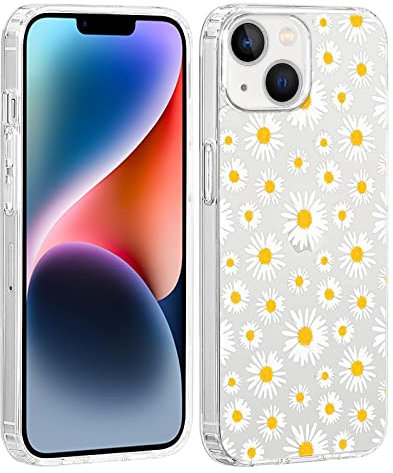 32nd Floral Gel Series - Transparent Clear Case with Floral Design for Apple iPhone 14 (6.1), Hard Back Cover with TPU Gel Edges - Daisy