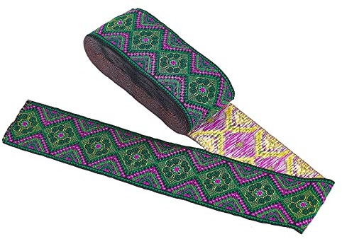 FINGERINSPIRE 7m 51mm Dunkelgrün Jacquard Band Ethnische Stickerei Bänder mit Blume und Geometrische Muster, Vintage Gewebt Stoff Trim für St. Patrick's Day Kleidungsstück Zubehör und Bogen Machen
