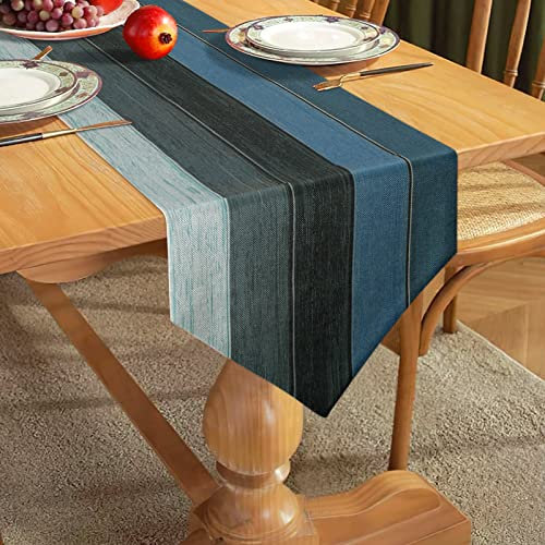 Hanrunsi Tischläufer Blau Leinen Modern Tischläufer Streifen Holzmuster Rustikale Retro Dielen Nackte Tischsets Läufer Set für Esstisch Party Hochzeitswäsche 40x140cm