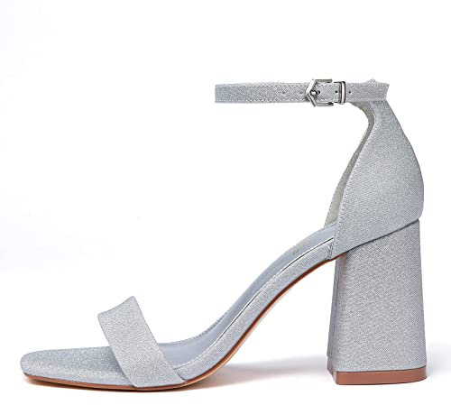 GENSHUO Silber Sandalen mit Absatz Damen Glitzer Blockabsatz Knöchelriemen Sandaletten 8CM Eckige Zehe Riemchensandalen Hochzeit Brautschuhe Party Abschlussball Offen Klobigem High Heel Sandale 40EU