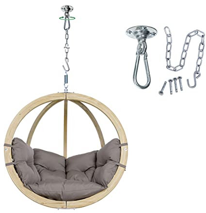 AMAZONAS Globo Chair Set - FSC-zertifizierter Premium Hängesessel mit Wetterfestem Kissen & Power Hook Deckenhaken | In- und Outdoor | Belastbar bis 120 kg | Farbe: Taupe